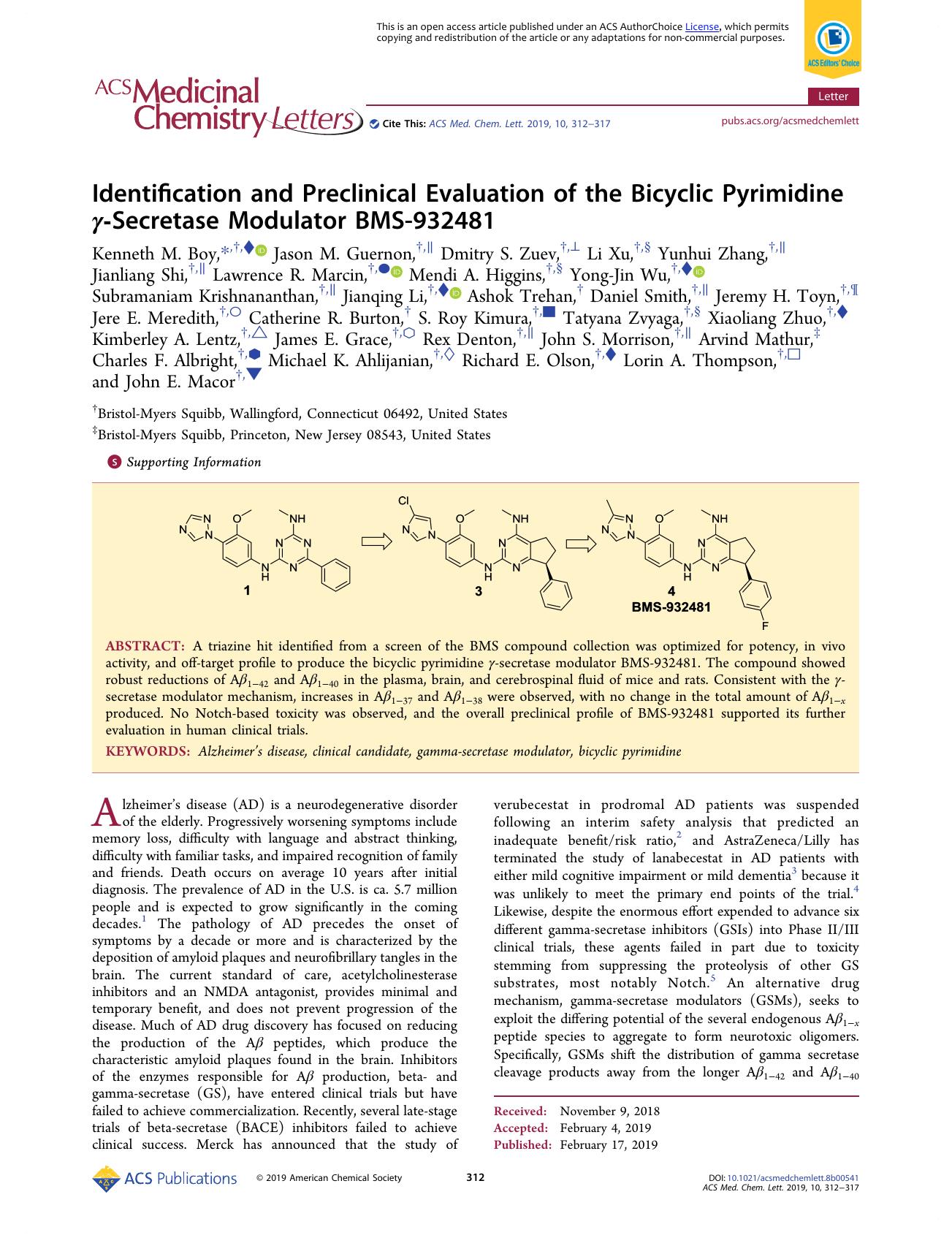 Identification and Preclinical Evaluation of the Bicyclic Pyrimidine Î³-Secretase Modulator BMS-932481 by unknow