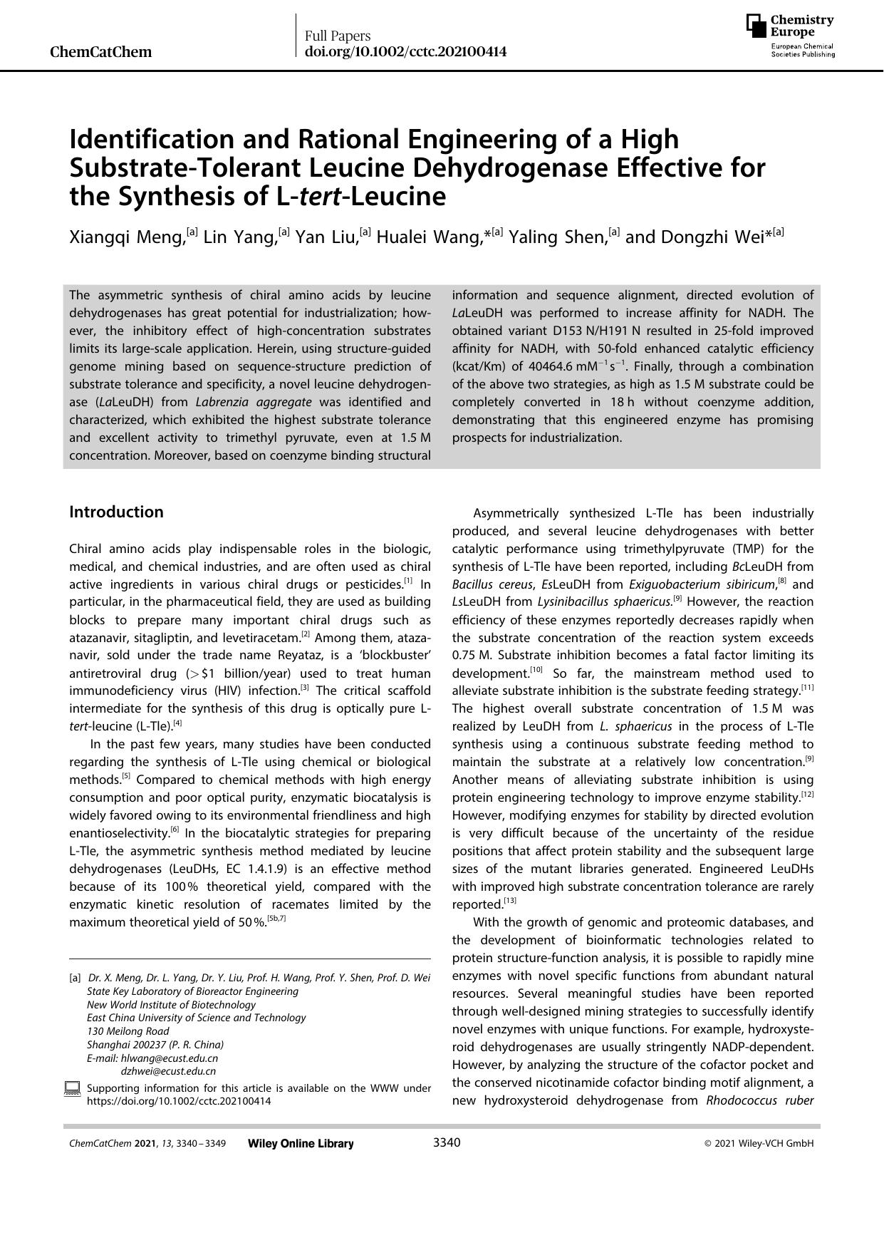 Identification and Rational Engineering of a High SubstrateâTolerant Leucine Dehydrogenase Effective for the Synthesis of LâtertâLeucine by Unknown