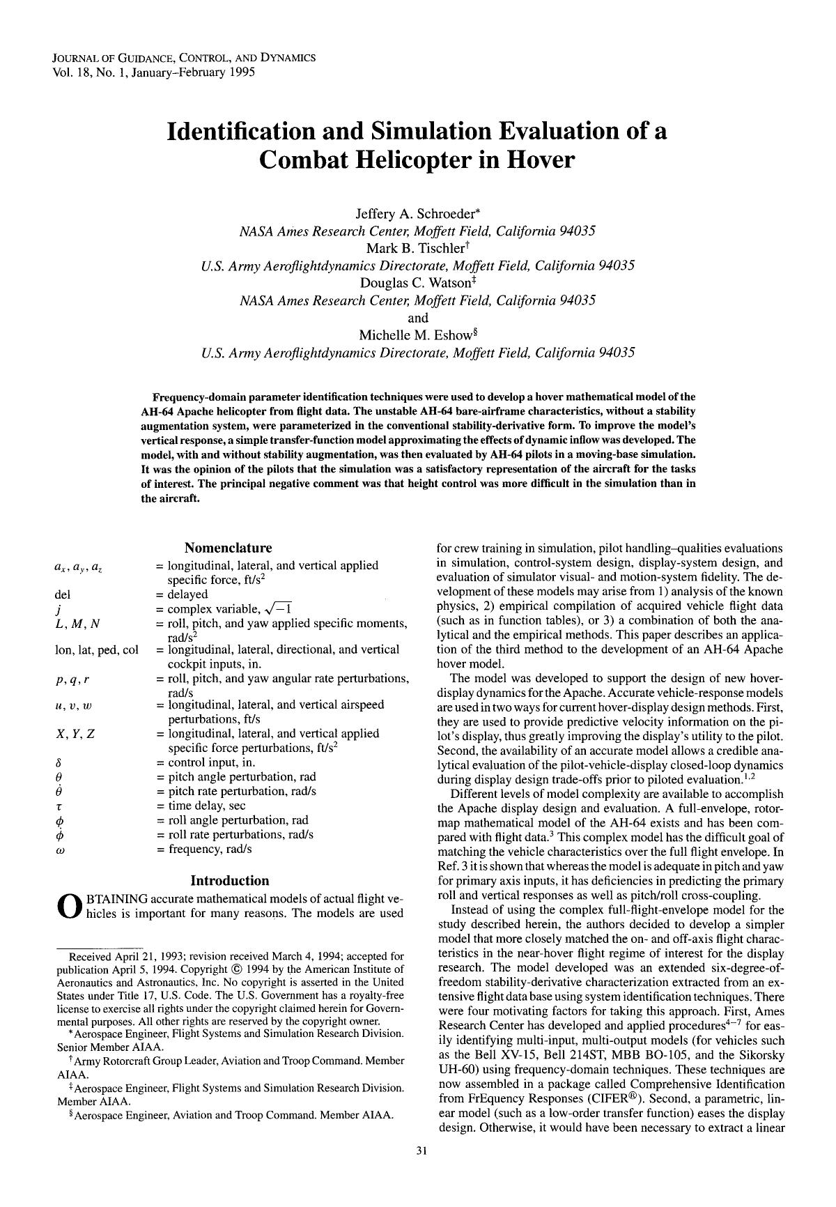 Identification and Simulation Evaluation of a Combat Helicopter in Hover by Unknown
