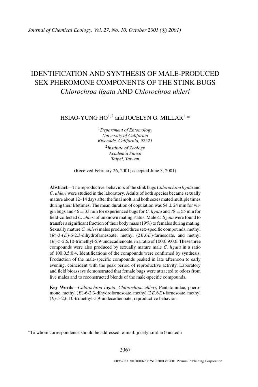 Identification and Synthesis of Male-Produced Sex Pheromone Components of the Stink Bugs Chlorochroa ligata and Chlorochroa uhleri by Unknown