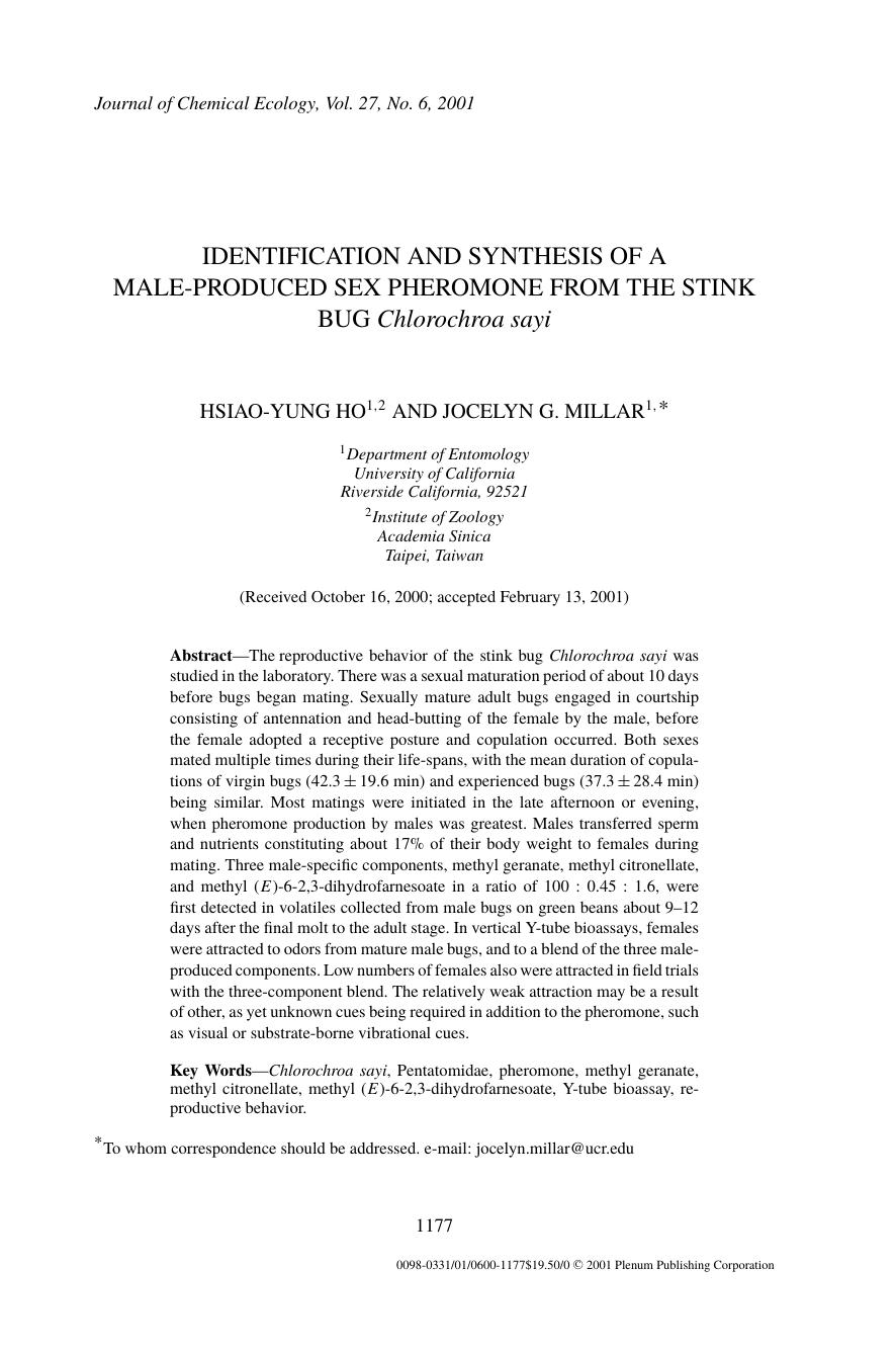 Identification and Synthesis of a Male-Produced Sex Pheromone from the Stink Bug Chlorochroa sayi by Unknown