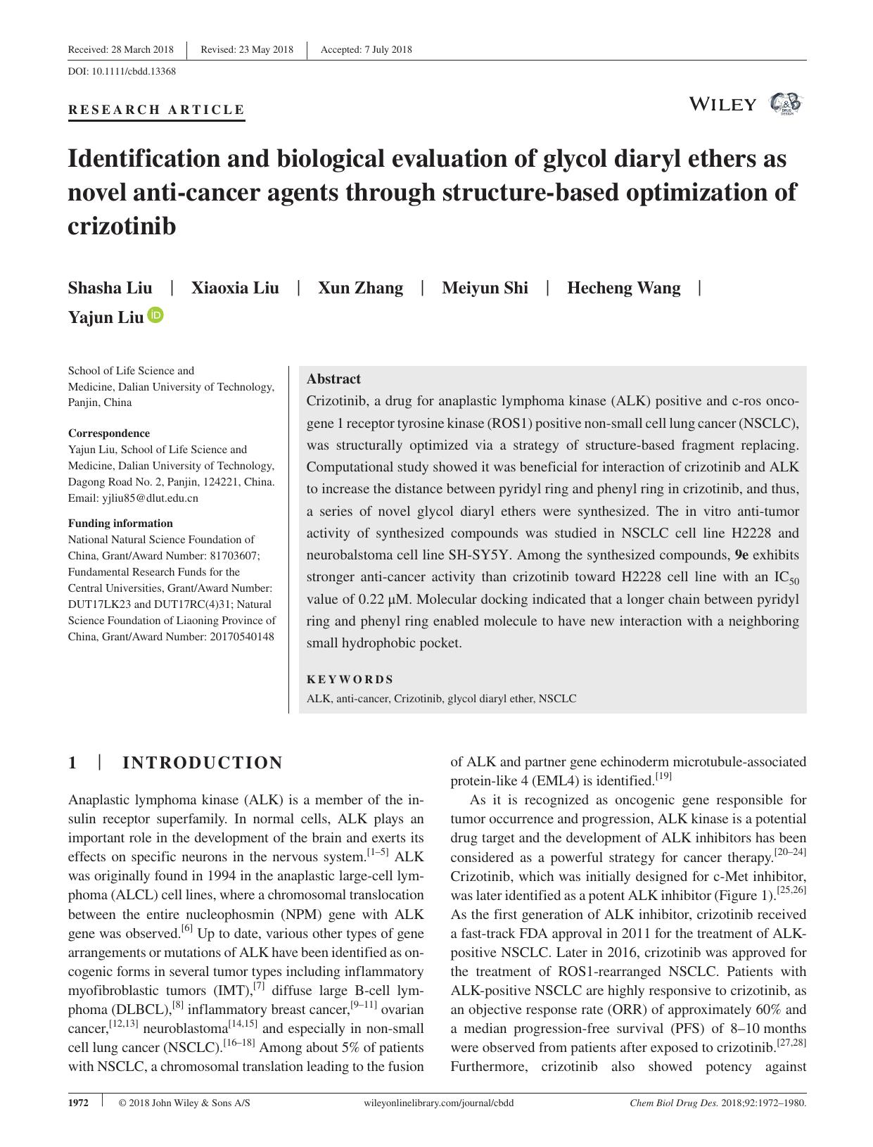 Identification and biological evaluation of glycol diaryl ethers as novel anti‐cancer agents through structure‐based optimization of crizotinib by unknow