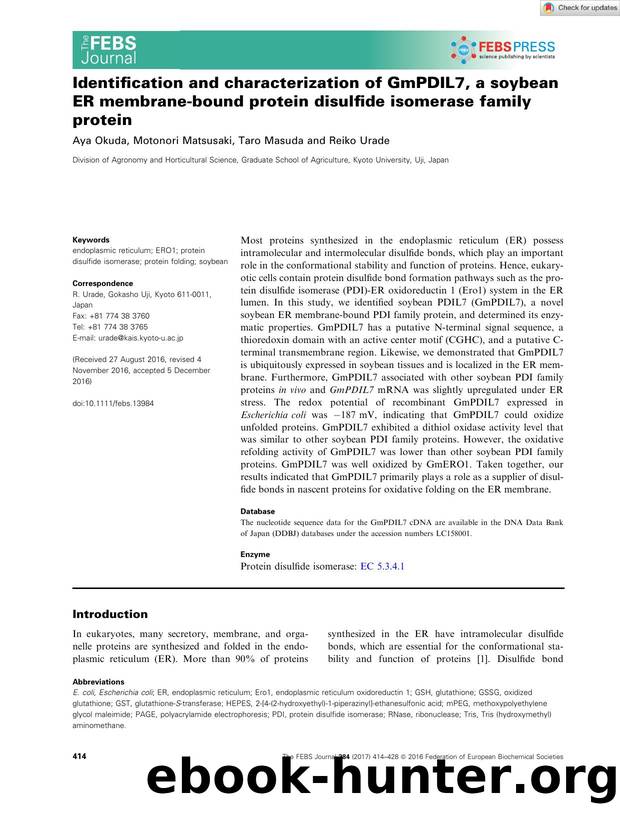 Identification and characterization of GmPDIL7, a soybean ER membraneâbound protein disulfide isomerase family protein by Unknown