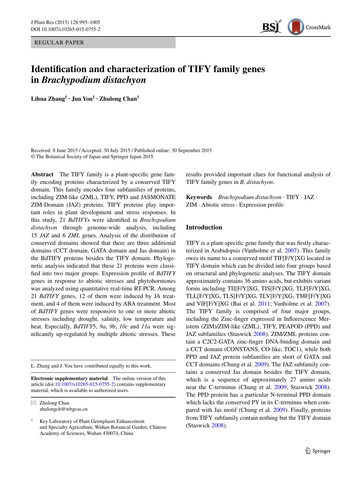 Identification and characterization of TIFY family genes in Brachypodium distachyon by Lihua Zhang & Jun You & Zhulong Chan