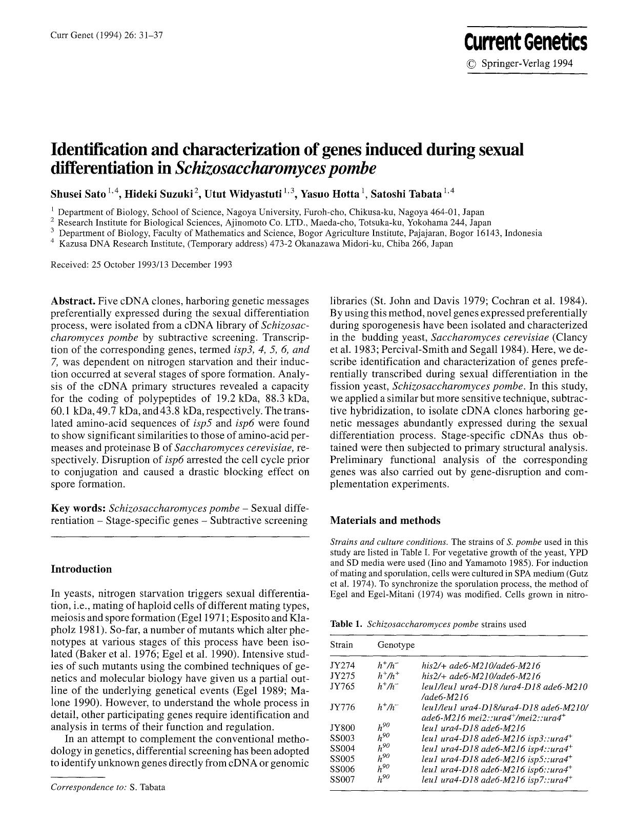 Identification and characterization of genes induced during sexual differentiation in <Emphasis Type="Italic">Schizosaccharomyces pombe<Emphasis> by Unknown
