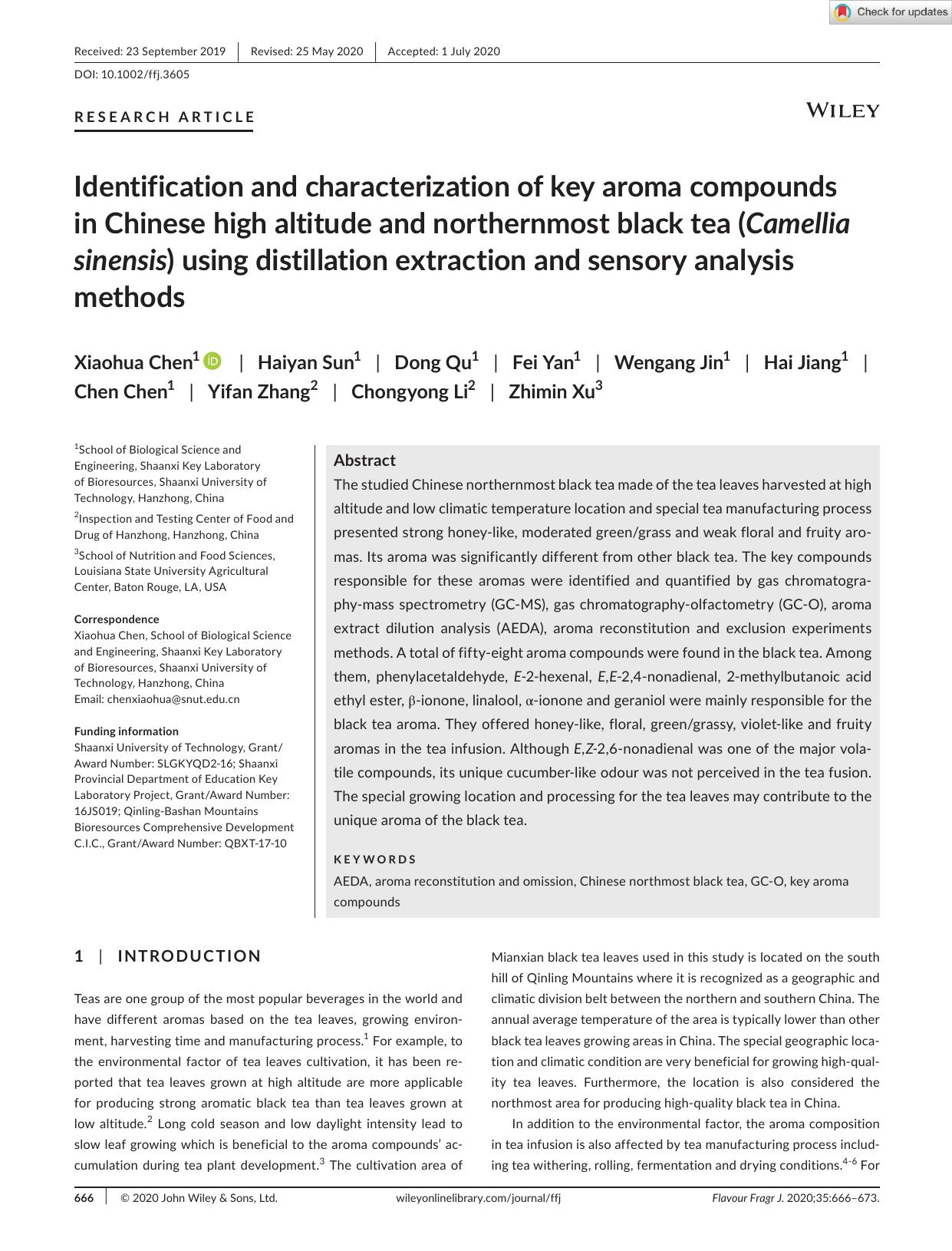 Identification and characterization of key aroma compounds in Chinese high altitude and northernmost black tea (Camellia sinensis) using distillation extraction and sensory analysis methods by Unknown