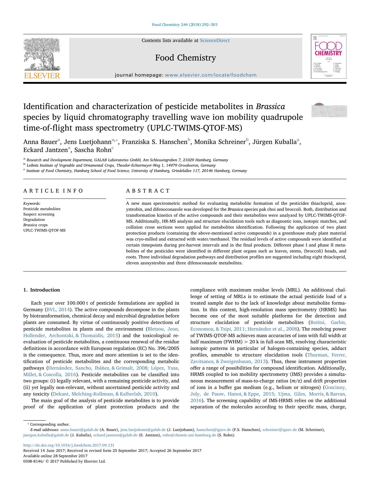 Identification and characterization of pesticide metabolites in Brassica species by liquid chromatography travelling wave ion mobility quadrupole time-of-flight mass spectrometry (UPLC-TWIMS-QTOF-MS) by unknow