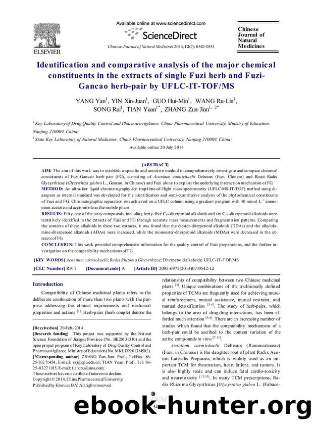 Identification and comparative analysis of the major chemical constituents in the extracts of single Fuzi herb and Fuzi-Gancao herb-pair by UFLC-IT-TOFMS by Yan YANG & Xin-Juan YIN & Hui-Min GUO & Ru-Lin WANG & Rui SONG & Yuan TIAN & Zun-Jian ZHANG