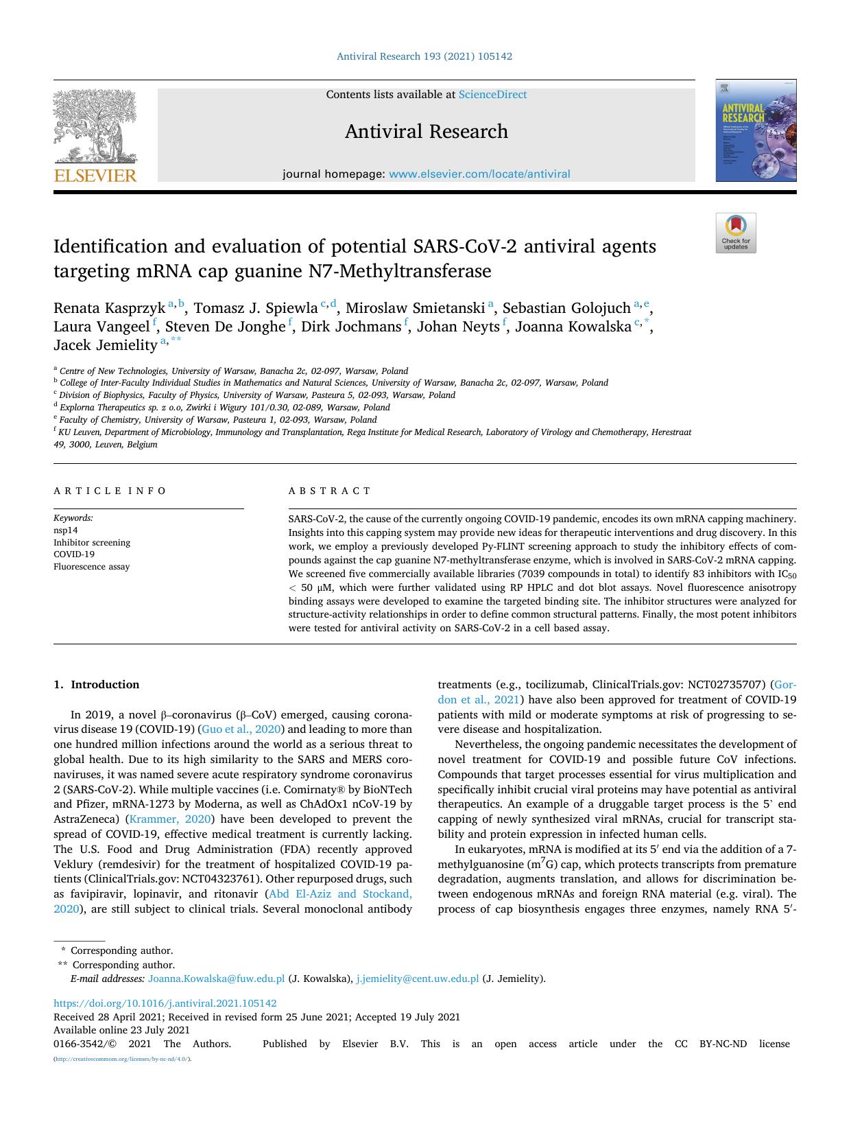 Identification and evaluation of potential SARS-CoV-2 antiviral agents targeting mRNA cap guanine N7-Methyltransferase by unknow