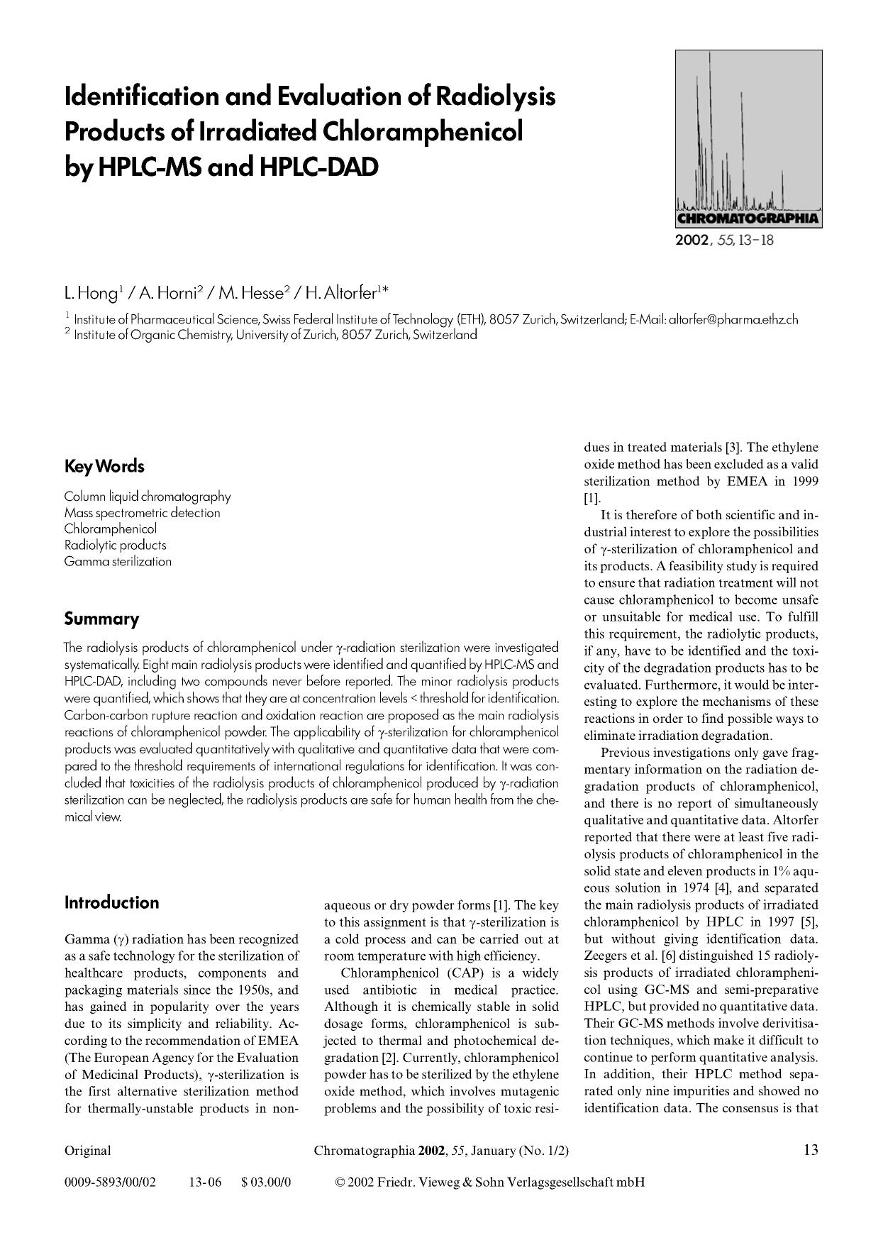 Identification and evaluation of radiolysis products of irradiated chloramphenicol by HPLC-MS and HPLC-DAD by Unknown