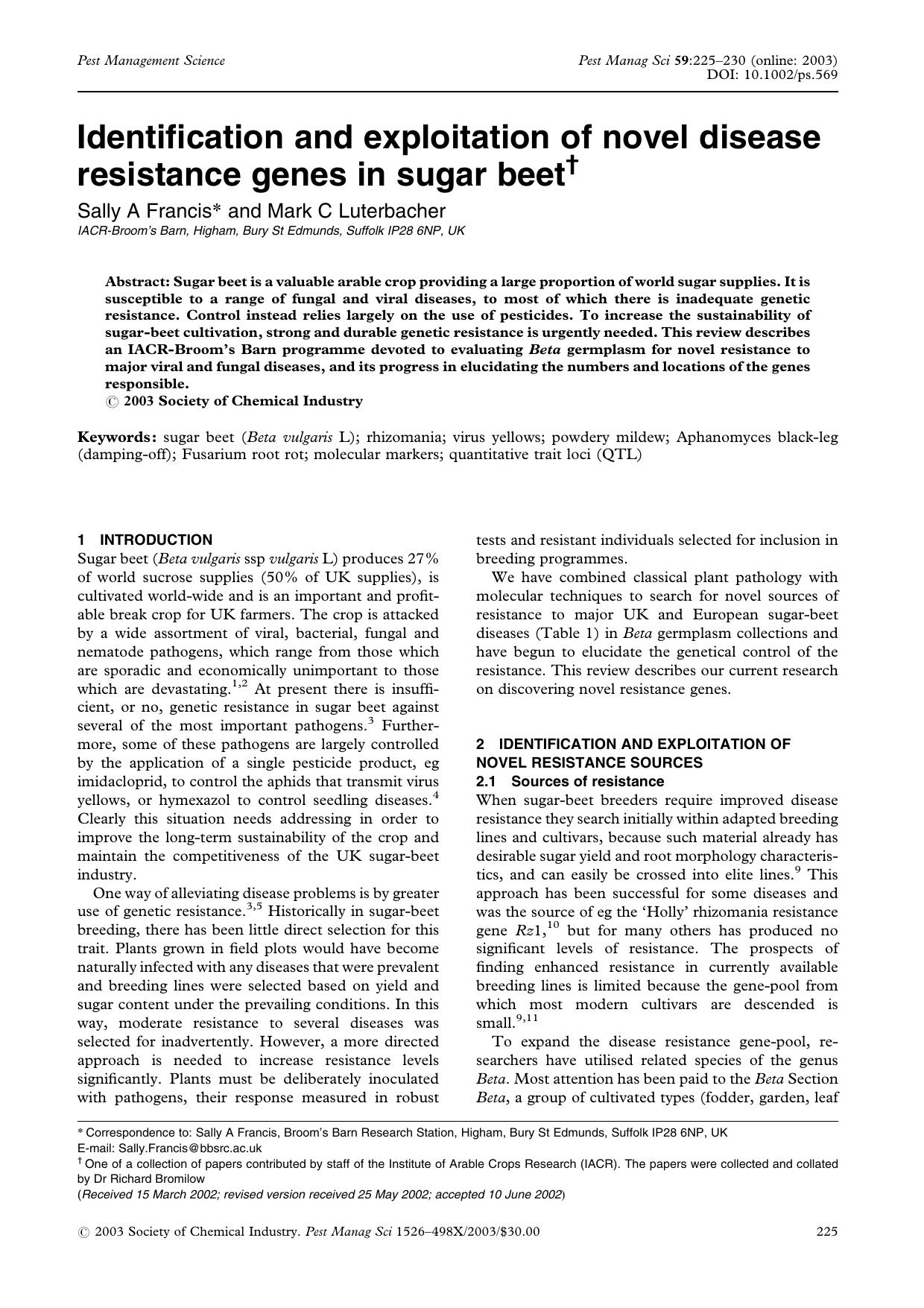 Identification and exploitation of novel disease resistance genes in sugar beet by Unknown