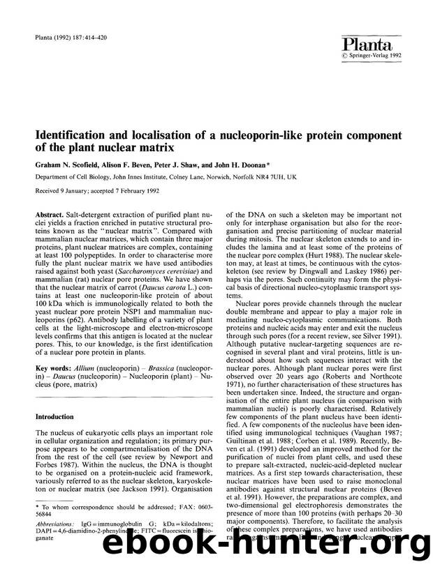 Identification and localisation of a nucleoporin-like protein component of the plant nuclear matrix by Unknown