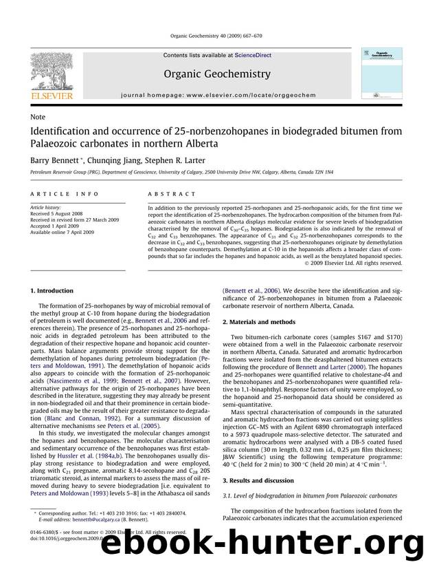 Identification and occurrence of 25-norbenzohopanes in biodegraded bitumen from Palaeozoic carbonates in northern Alberta by Barry Bennett; Chunqing Jiang; Stephen R. Larter