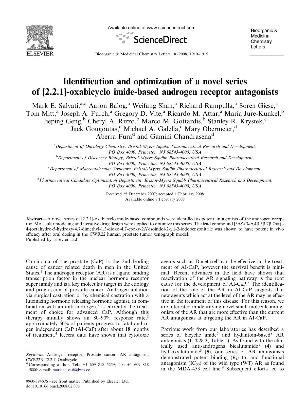 Identification and optimization of a novel series of [2.2.1]-oxabicyclo imide-based androgen receptor antagonists by unknow