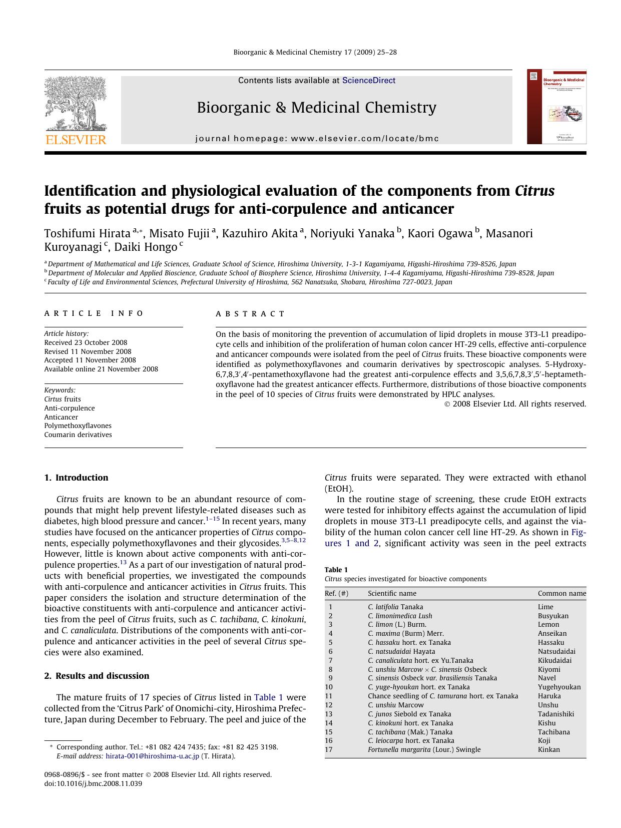 Identification and physiological evaluation of the components from Citrus fruits as potential drugs for anti-corpulence and anticancer by unknow