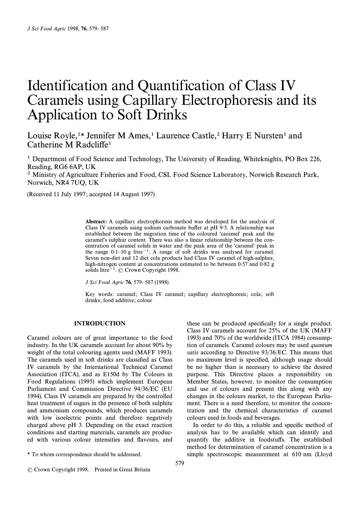 Identification and quantification of Class IV caramels using capillary electrophoresis and its application to soft drinks by Royle Ames Castle Nursten Radcliffe