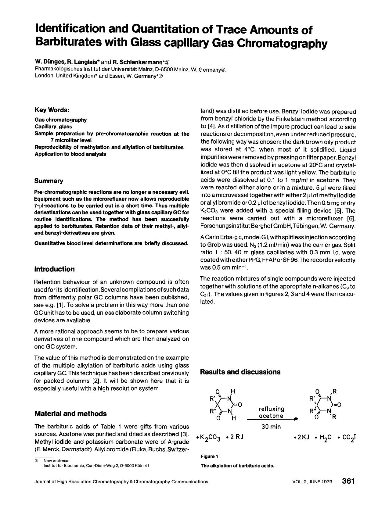 Identification and quantitation of trace amounts of barbiturates with glass capillary gas chromatography by Unknown