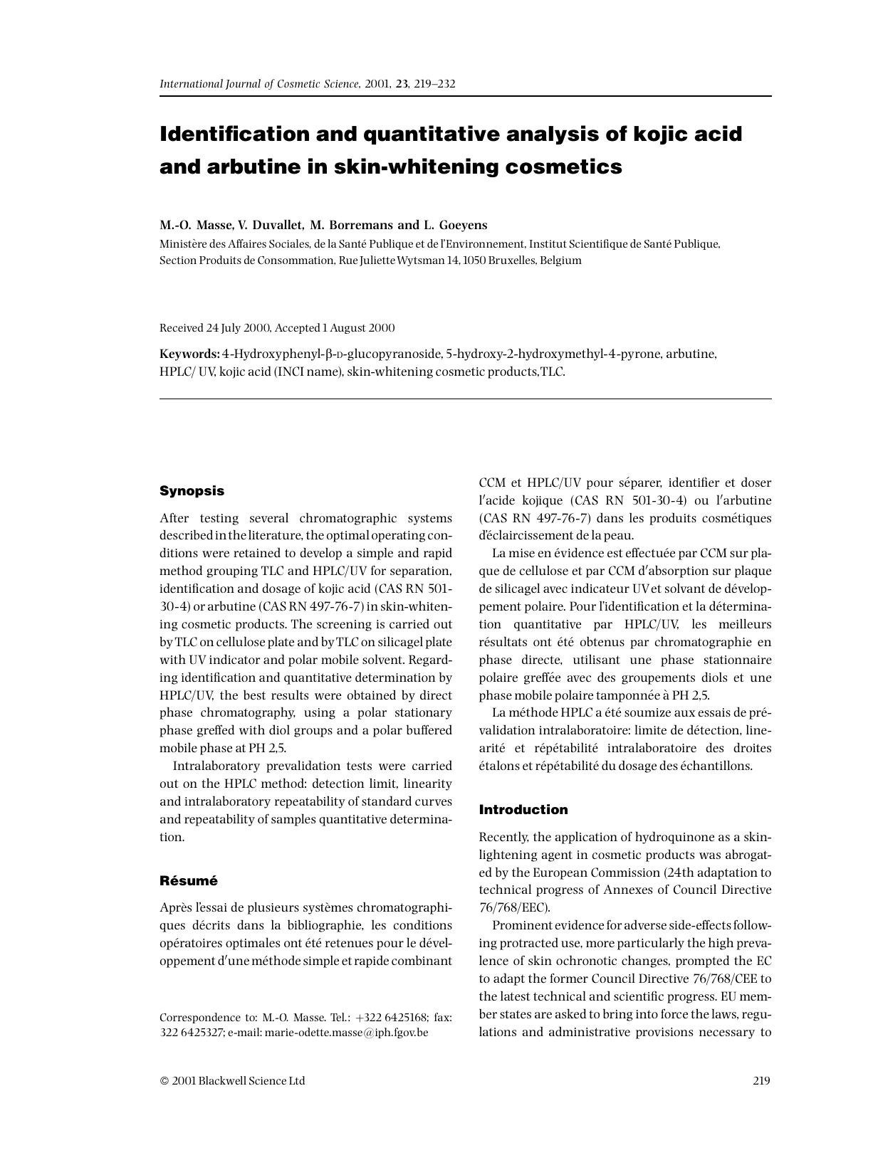 Identification and quantitative analysis of kojic acid and arbutine in skin-whitening cosmetics by Unknown