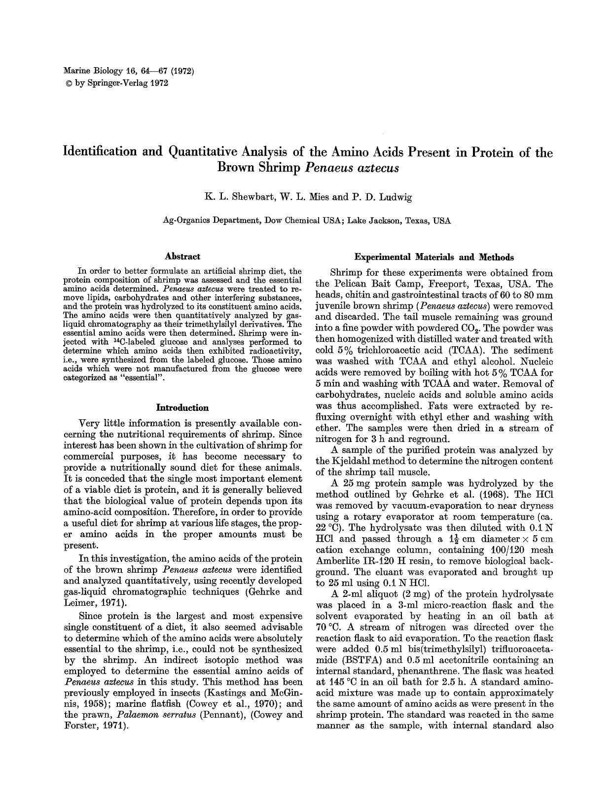 Identification and quantitative analysis of the amino acids present in protein of the brown shrimp <Emphasis Type="Italic">Penaeus aztecus<Emphasis> by Unknown