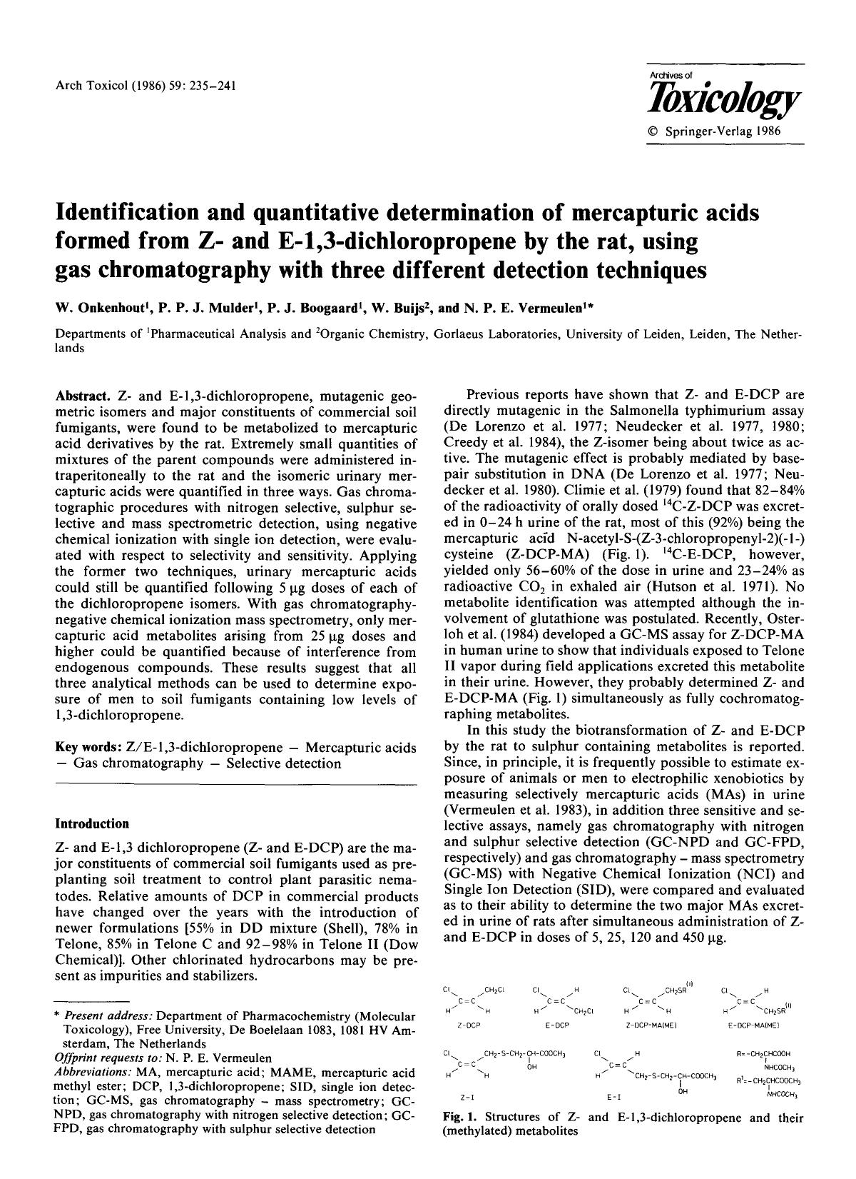 Identification and quantitative determination of mercapturic acids formed from Z- and E-1,3-dichloropropene by the rat, using gas chromatography with three different detection techniques by Unknown