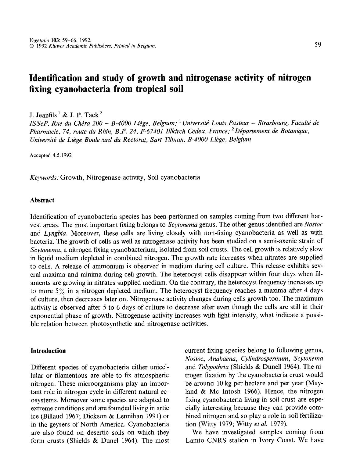 Identification and study of growth and nitrogenase activity of nitrogen fixing cyanobacteria from tropical soil by Unknown