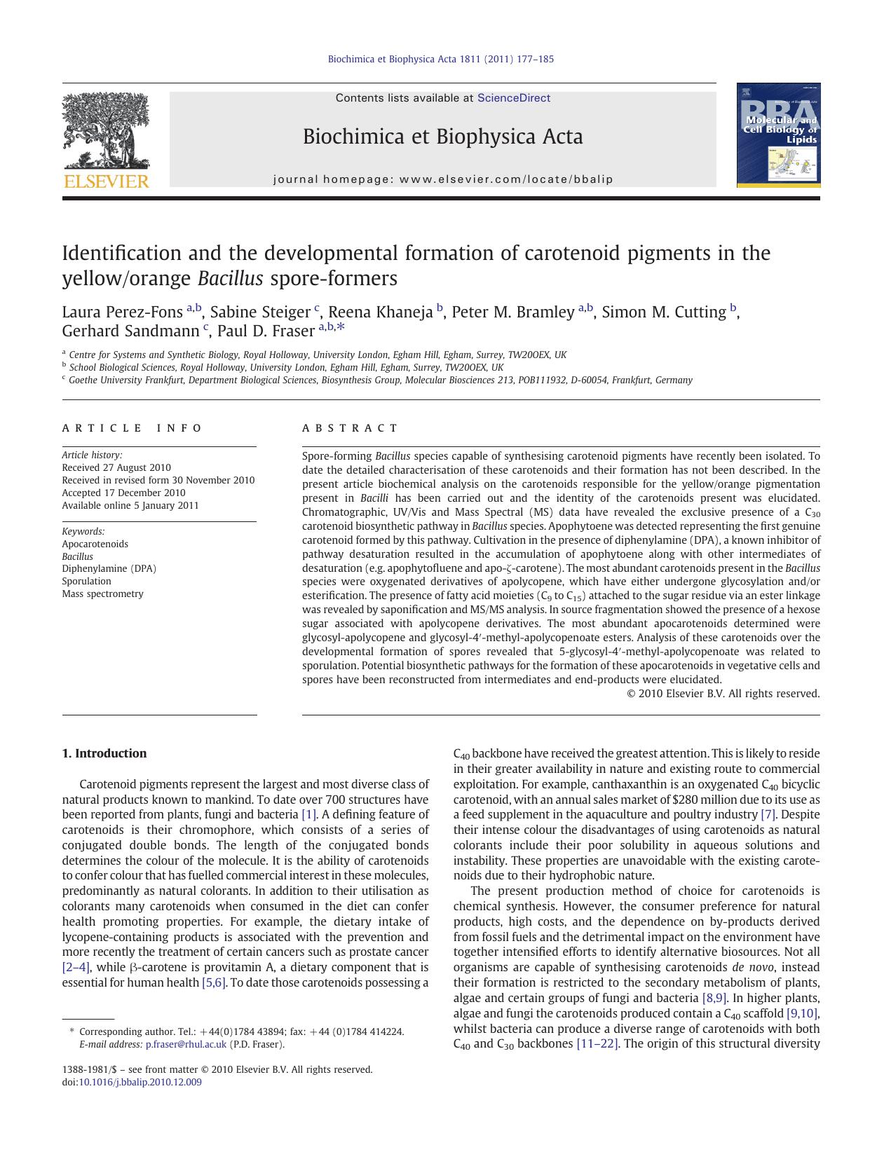 Identification and the developmental formation of carotenoid pigments in the yelloworange Bacillus spore-formers by Laura Perez-Fons