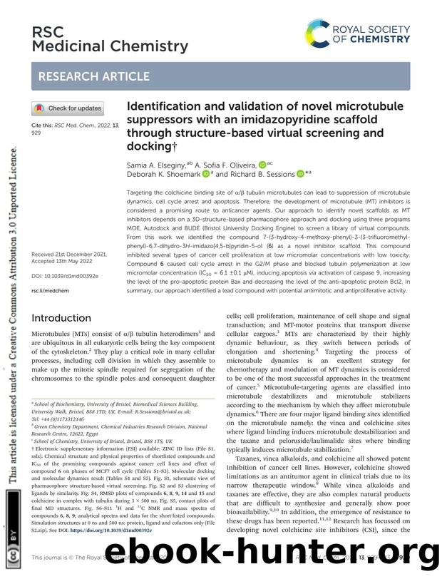Identification and validation of novel microtubule suppressors with an imidazopyridine scaffold through structure-based virtual screening and docking by Samia A. Elseginy & A. Sofia F. Oliveira & Deborah K. Shoemark & Richard B. Sessions