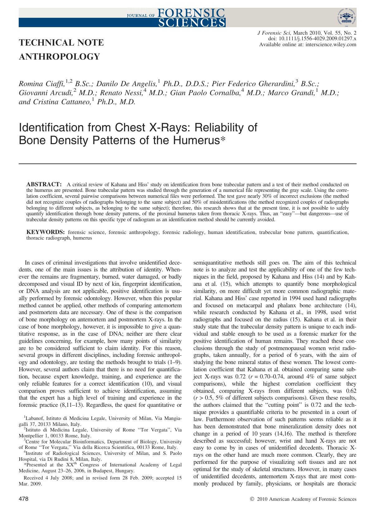 Identification from Chest X?Rays: Reliability of Bone Density Patterns of the Humerus* by Unknown
