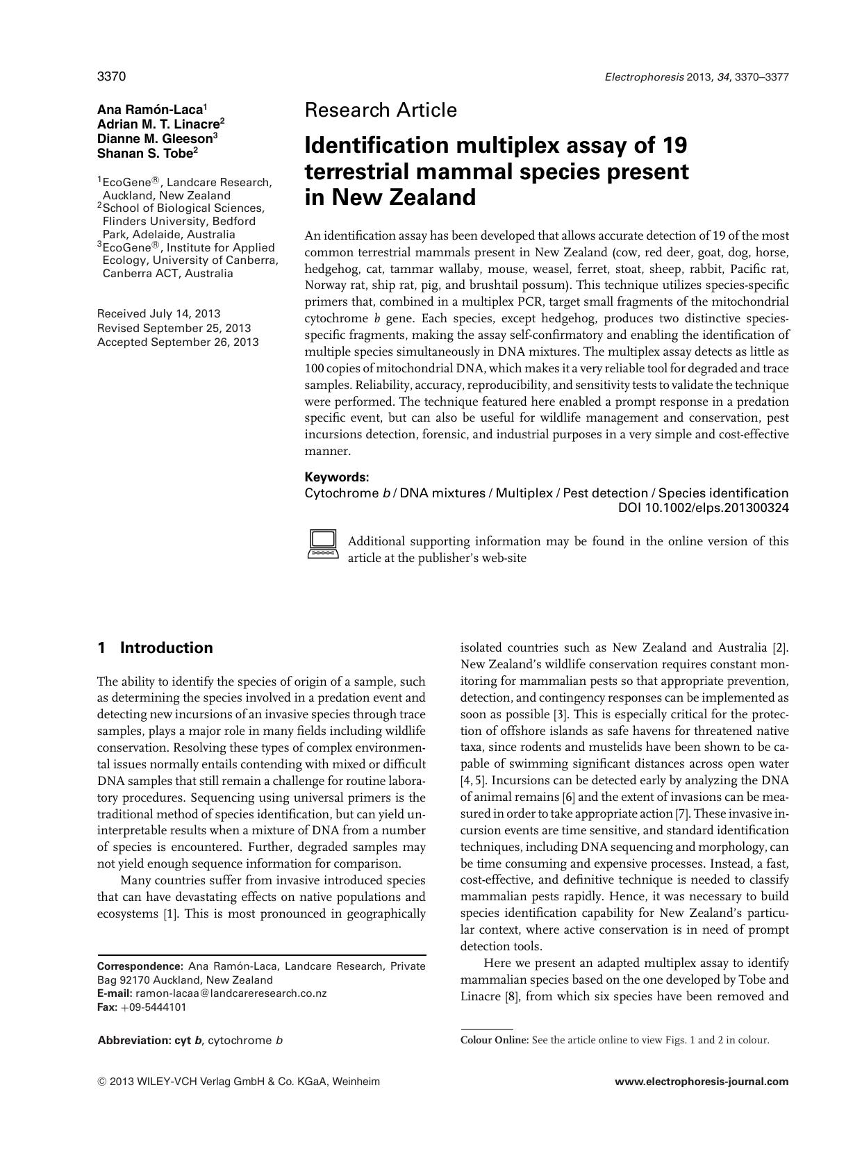Identification multiplex assay of 19 terrestrial mammal species present in New Zealand by Unknown