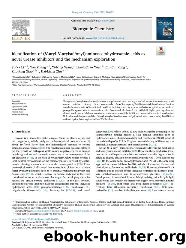Identification of ( N -aryl- N -arylsulfonyl)aminoacetohydroxamic acids as novel urease inhibitors and the mechanism exploration by Su-Ya Li & Yan Zhang & Yi-Ning Wang & Liang-Chao Yuan & Cui-Cui Kong & Zhu-Ping Xiao & Hai-Liang Zhu