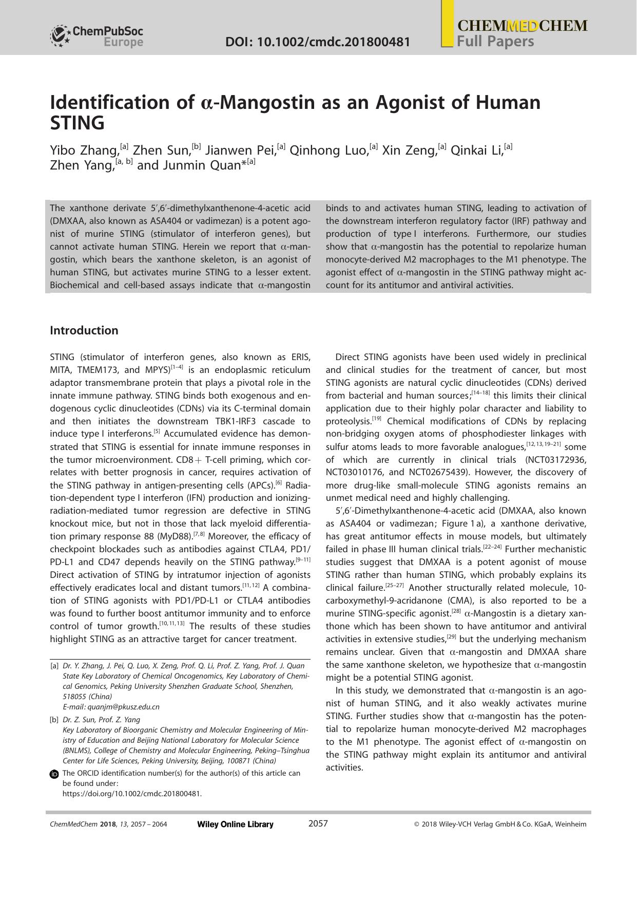 Identification of Î±âMangostin as an Agonist of Human STING by Unknown
