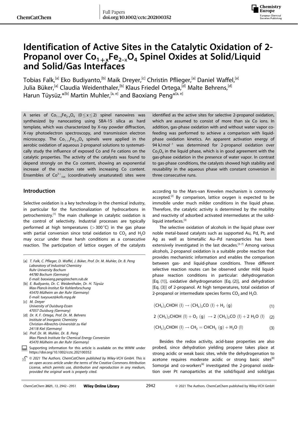 Identification of Active Sites in the Catalytic Oxidation of 2âPropanol over Co1+xFe2âxO4 Spinel Oxides at SolidLiquid and SolidGas Interfaces by Unknown