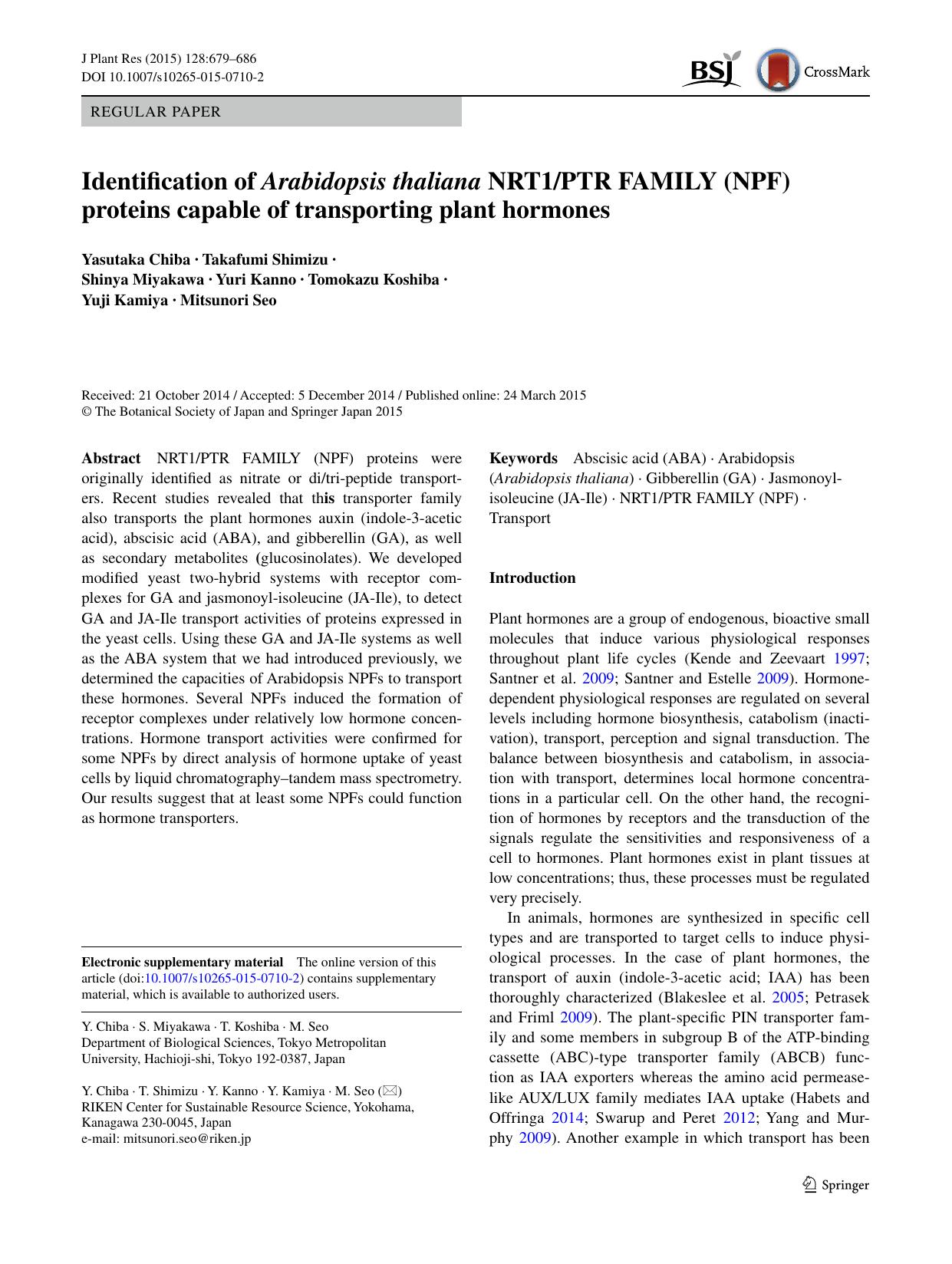 Identification of Arabidopsis thaliana NRT1PTR FAMILY (NPF) proteins capable of transporting plant hormones by unknow