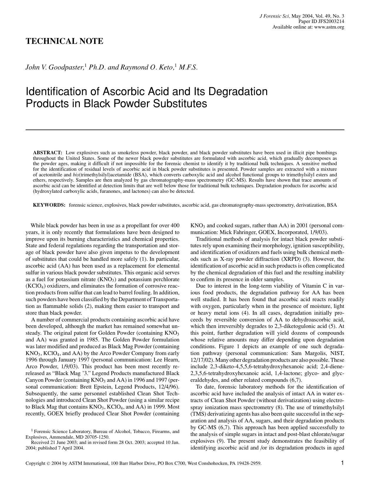 Identification of Ascorbic Acid and its Degradation Products in Black Powder Substititutes by Goodpaster JV Keto RO