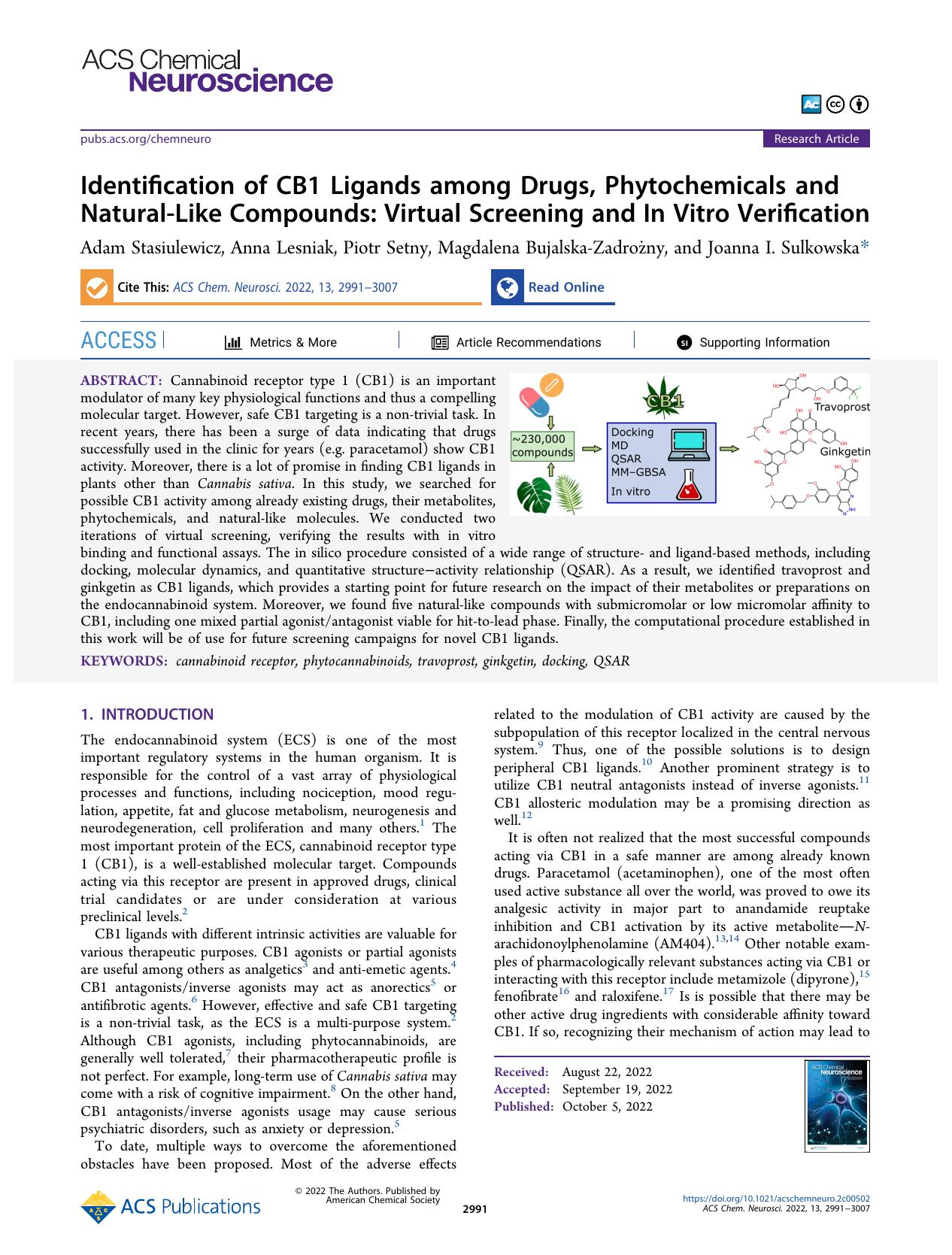 Identification of CB1 Ligands among Drugs, Phytochemicals and Natural-Like Compounds: Virtual Screening and In Vitro Verification by Adam Stasiulewicz Anna Lesniak Piotr Setny Magdalena Bujalska-Zadrożny and Joanna I. Sulkowska