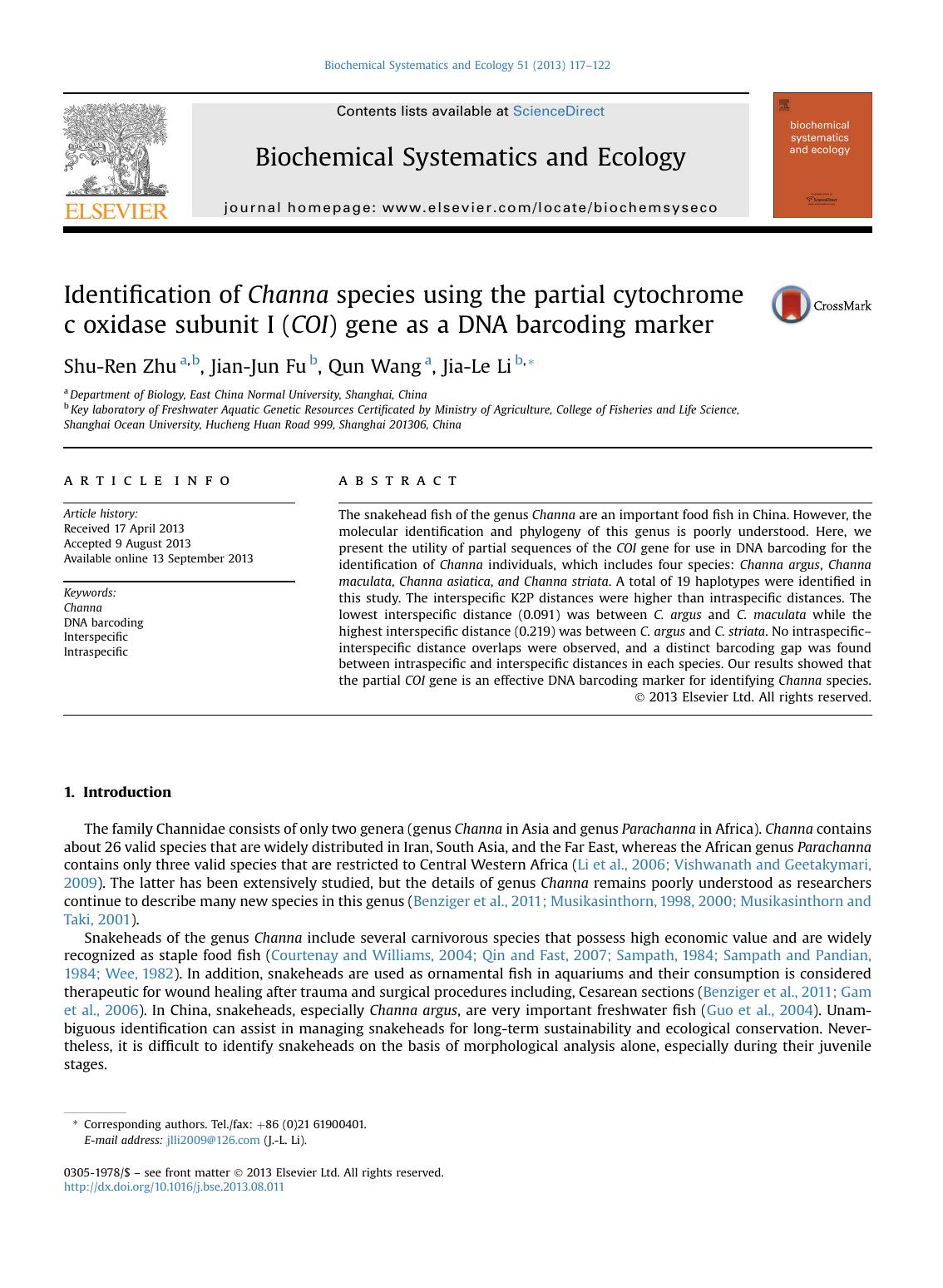 Identification of Channa species using the partial cytochrome c oxidase subunit I (COI) gene as a DNA barcoding marker by Shu-Ren Zhu & Jian-Jun Fu & Qun Wang & Jia-Le Li