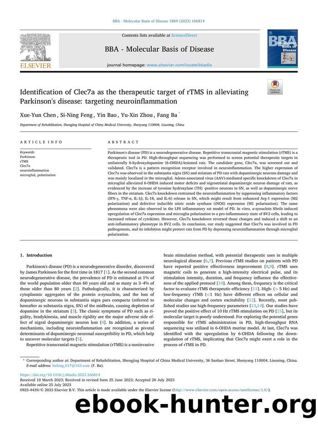 Identification of Clec7a as the therapeutic target of rTMS in alleviating Parkinson's disease: targeting neuroinflammation by Xue-Yun Chen & Si-Ning Feng & Yin Bao & Yu-Xin Zhou & Fang Ba