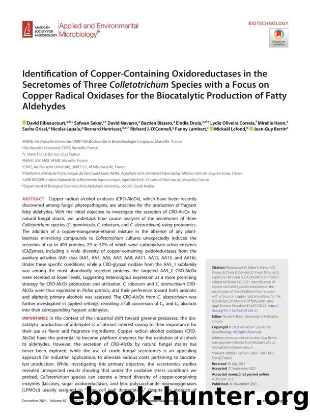 Identification of Copper-Containing Oxidoreductases in the Secretomes of Three Colletotrichum Species with a Focus on Copper Radical Oxidases for the Biocatalytic Production of Fatty Aldehydes by unknow