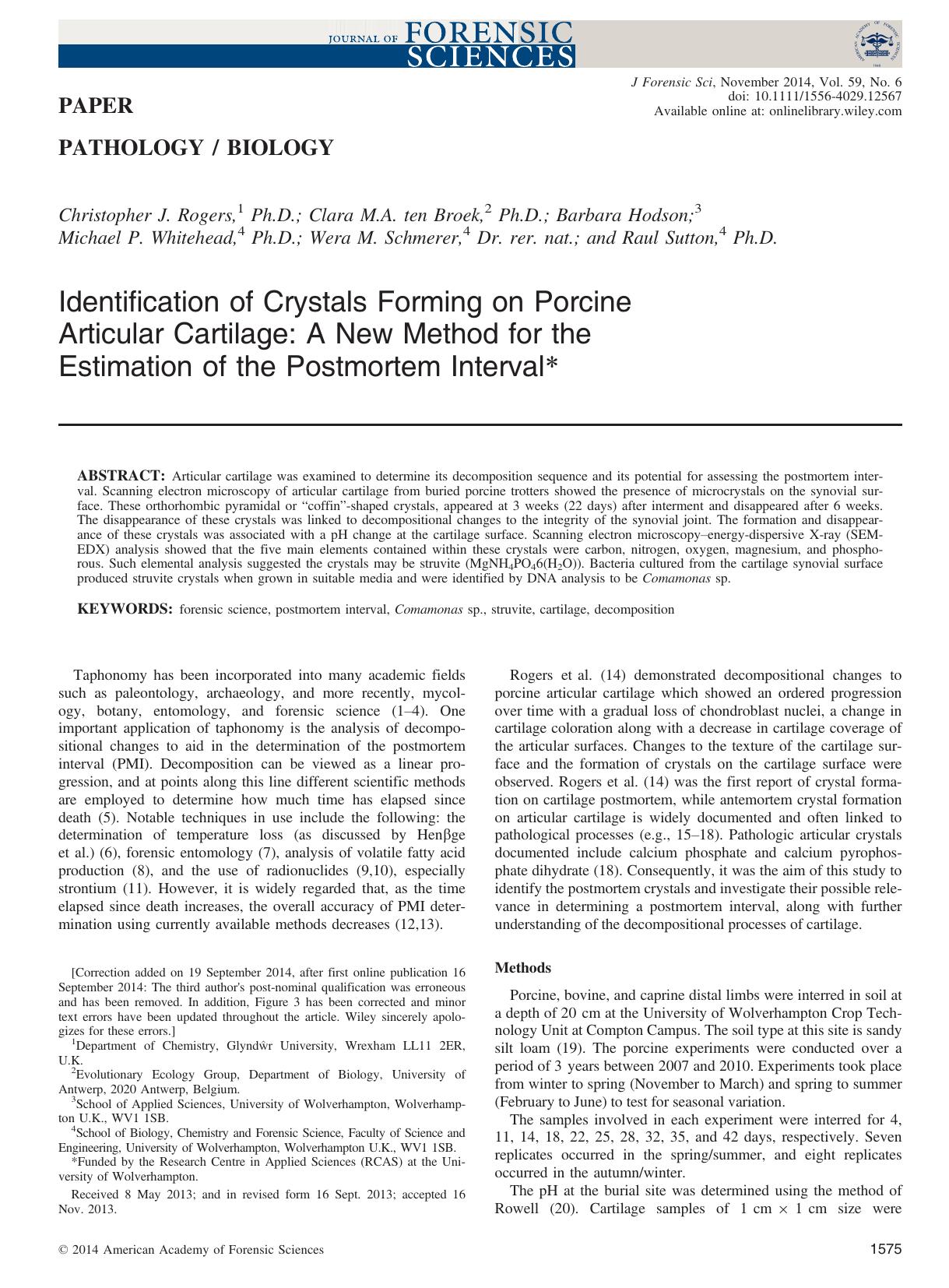 Identification of Crystals Forming on Porcine Articular Cartilage: A New Method for the Estimation of the Postmortem Interval by Unknown