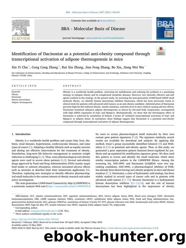Identification of Dacinostat as a potential anti-obesity compound through transcriptional activation of adipose thermogenesis in mice by Xin Yi Chu & Cong Cong Zhang & Rui Xin Zhang & Jian Feng Zhang & Bo Xia & Jiang Wei Wu