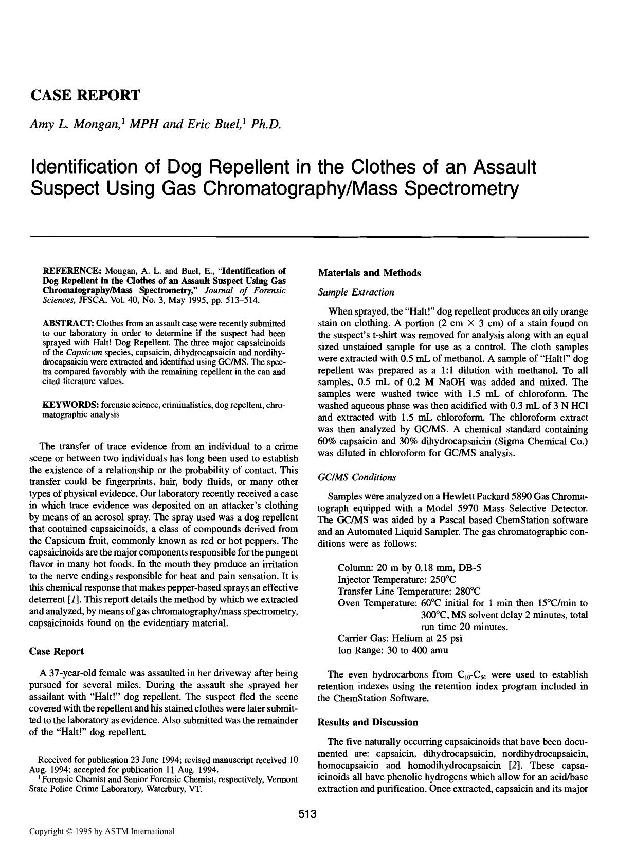 Identification of Dog Repellent in the Clothes of an Assault Suspect Using Gas ChromatographyMass Spectrometry by Mongan AL Buel E