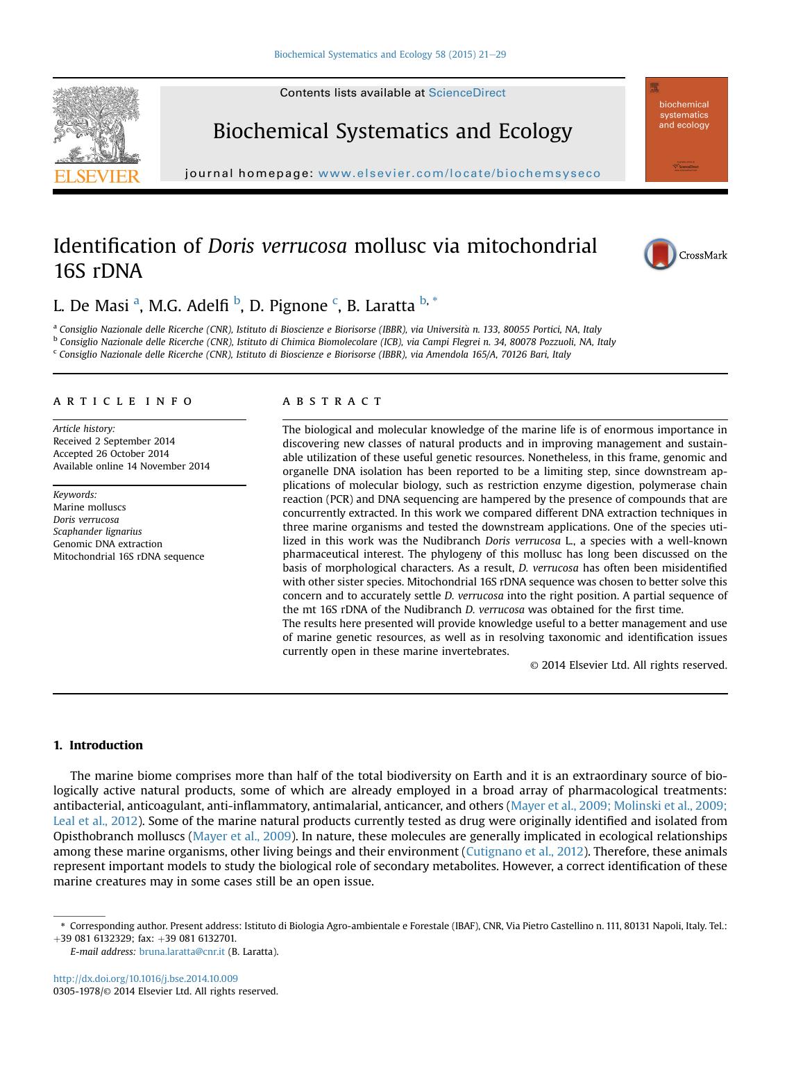 Identification of Doris verrucosa mollusc via mitochondrial 16S rDNA by L. De Masi & M.G. Adelfi & D. Pignone & B. Laratta