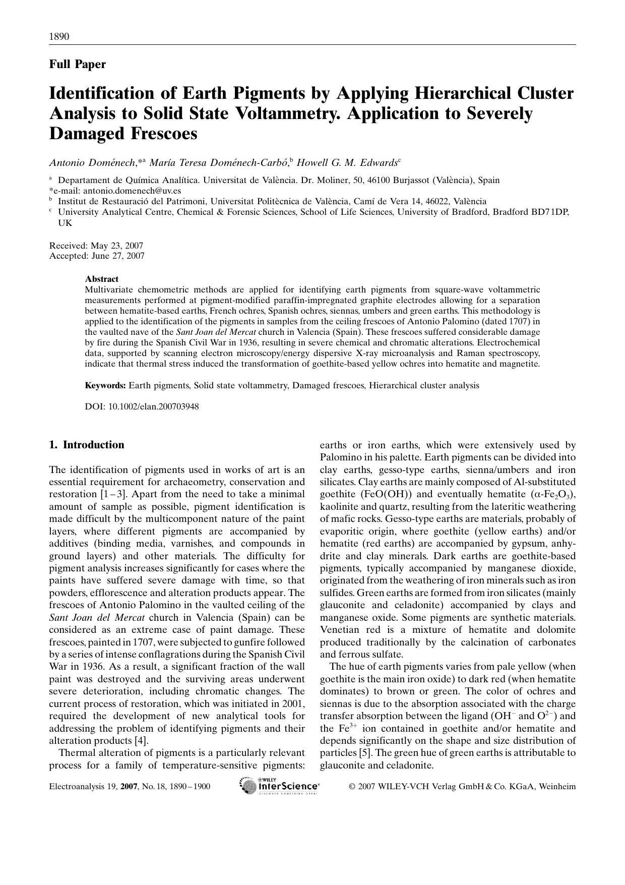 Identification of Earth Pigments by Applying Hierarchical Cluster Analysis to Solid State Voltammetry. Application to Severely Damaged Frescoes by Unknown