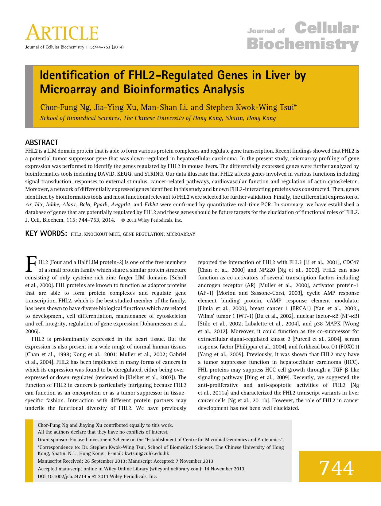 Identification of FHL2Regulated Genes in Liver by Microarray and Bioinformatics Analysis by Unknown