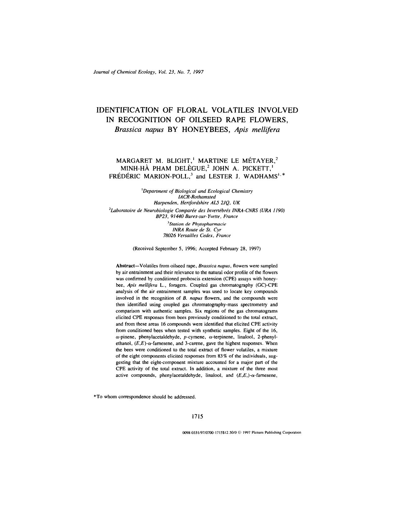 Identification of Floral Volatiles Involved in Recognition of Oilseed Rape Flowers, <Emphasis Type="Italic">Brassica napus<Emphasis> by Honeybees, <Emphasis Type="Italic">Apis mellifera<Emphasis> by Unknown