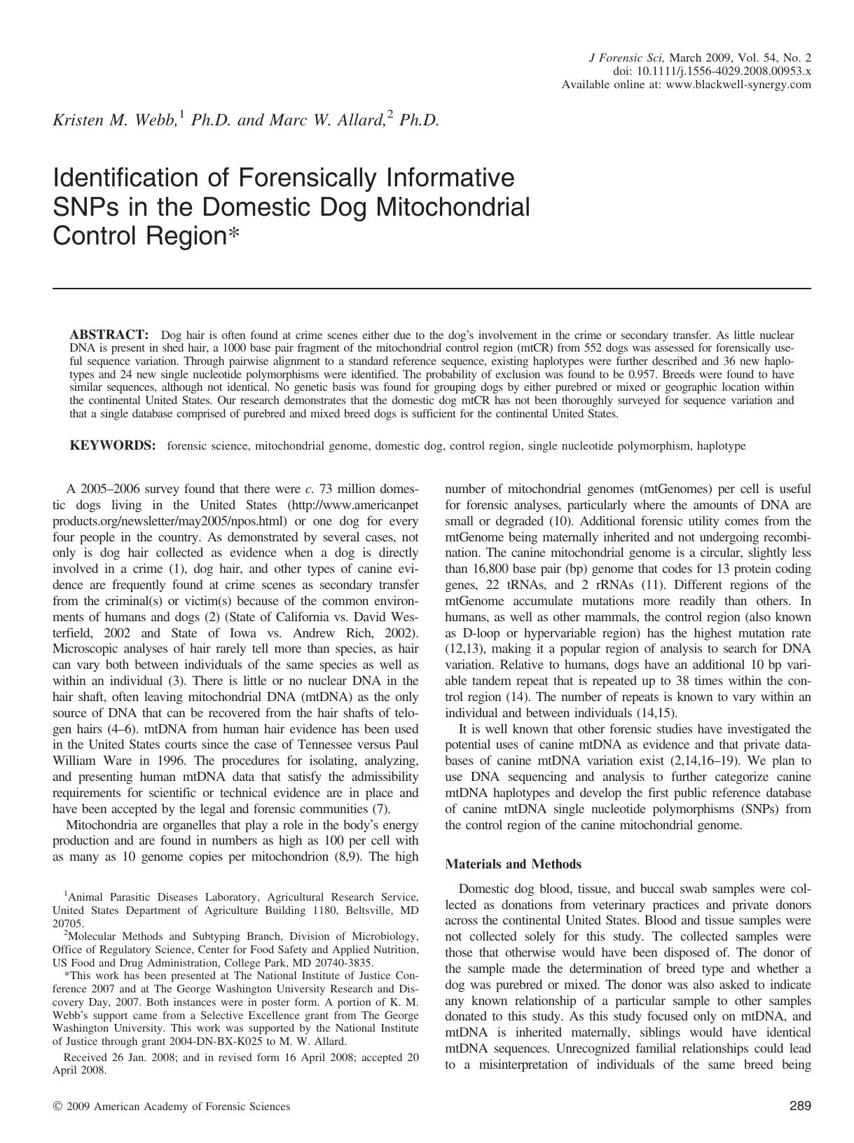 Identification of Forensically Informative SNPs in the Domestic Dog Mitochondrial Control Region* by Unknown