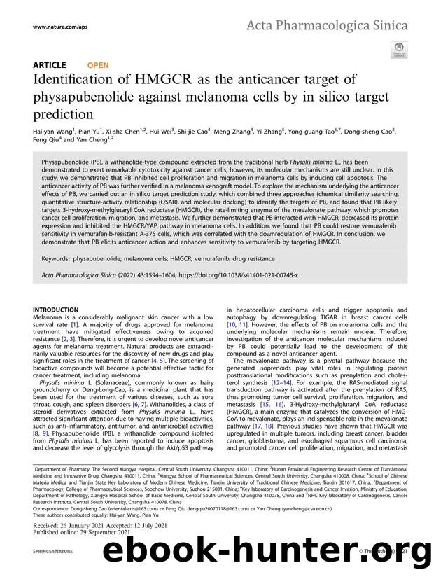 Identification of HMGCR as the anticancer target of physapubenolide against melanoma cells by in silico target prediction by unknow