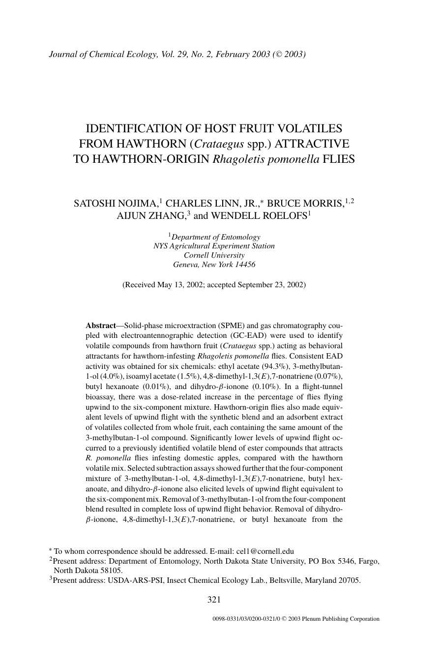 Identification of Host Fruit Volatiles from Hawthorn (<Emphasis Type="Italic">Crataegus<Emphasis> spp.) Attractive to Hawthorn-Origin <Emphasis Type="Italic">Rhagoletis pomonella<Emphasis> Flies by Unknown