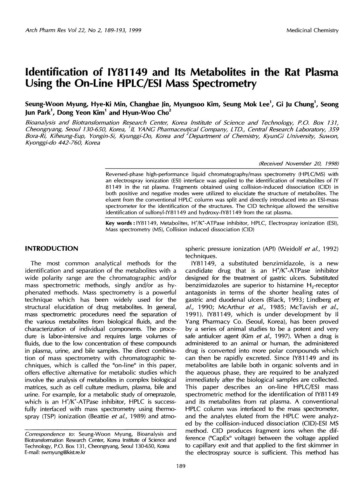 Identification of IY81149 and its metabolites in the rat plasma using the on-line HPLCESI mass spectrometry by Unknown