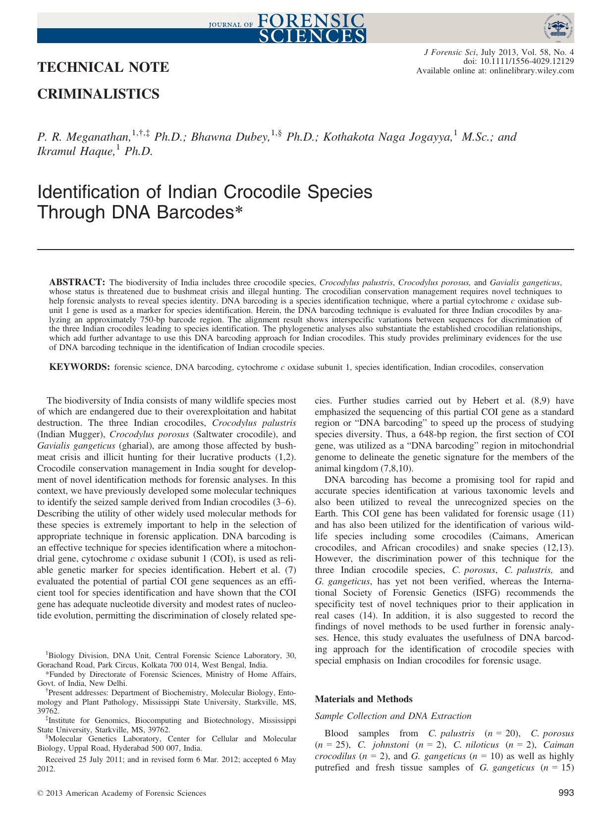 Identification of Indian Crocodile Species Through DNA Barcodes by Unknown